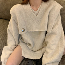 2021 Design sensation Womens small crowdsourced autumn winter new sweater loose stack wearing open fork medium long V-collar long sleeve blouse