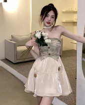 2022 summer new French light luxury jacquard tube top dress small temperament slim A-line fluffy fairy skirt