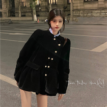 2021 New port Wind retro Easy Pearl Deduction Pearl Deduction Age Short open Shirt black velvet jacket Womens autumn Winter
