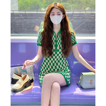 2022 Summer French Retro Checkerboard Polo Collar Knitted Dress High-end Sense Temperament Thin Package Hip Skirt
