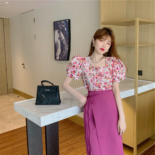 Summer new French retro square collar diamond-studded floral top with straps one-piece half-length hip skirt two-piece suit