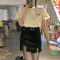 2021 new port Wind retro Han series chic ocean gas reduction age short sleeve T-shirt velvet half body dress Two suits