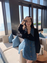 2022 Springtime New Port Wind Retro splicing Collar Suit Jacket Denim Harness and dress Two suit women