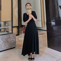 Chiffon dress womens summer 2020 new fashion short sleeve waist slim long skirt Korean version Black