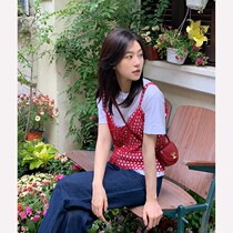 2022 summer new Korean style fashion all-match short-sleeved T-shirt knitted hollow hook flower sling vest female two-piece suit