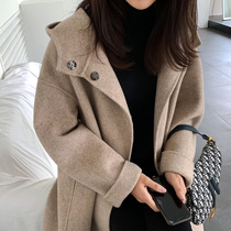 Coat womens new Korean version of popular winter woolen medium long hooded double-sided herringbone loose woolen coat women