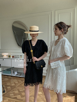 2022 new French style high-end temperament self-cultivation retro skirt first love sweet puff sleeve lace dress female summer