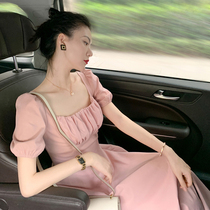 2022 new French style high-end temperament self-cultivation retro skirt square collar puff sleeves waist slimming dress womens summer