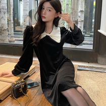 Butterfly knot velvet dress 2022 spring new French style Hepburn temperament slim to waist black long skirt
