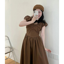 2022 summer new French retro waist puff sleeve dress female gentle style slim V-neck dress