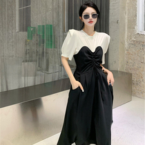 2021 new French long skirt high-end temperament slim retro skirt drawstring loose splicing dress female summer