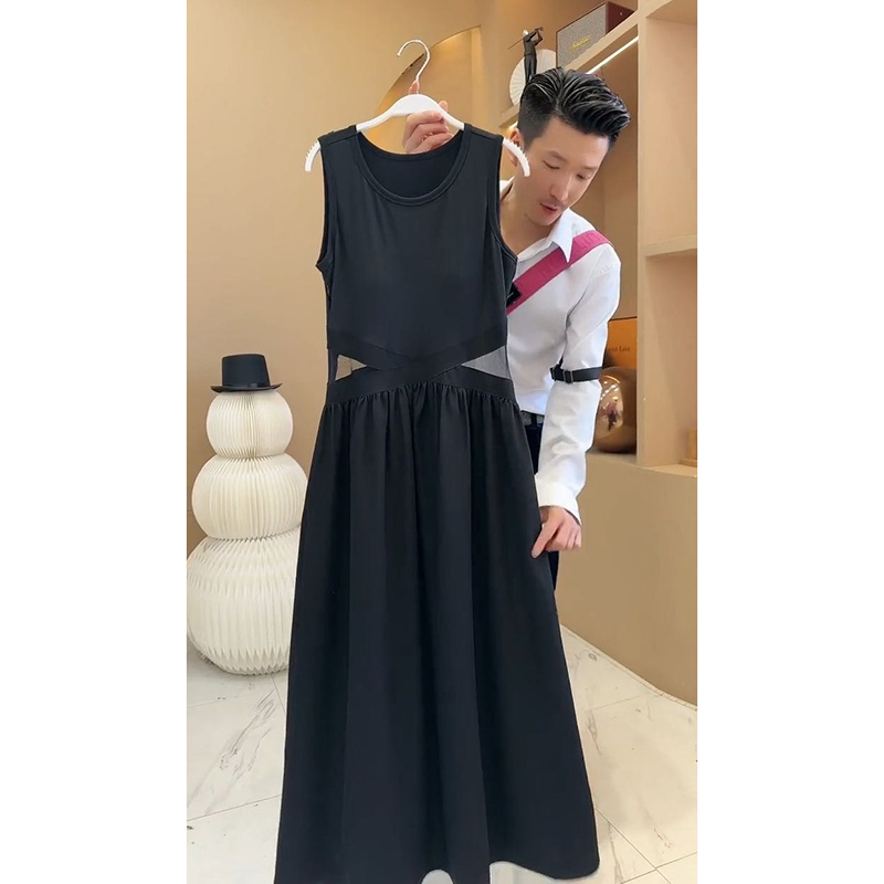 Purely Sexy Hot Girl Style Black Sleeveless Tank Dress for Women, Summer Design with Unique Patchwork Chiffon Long Skirt