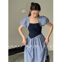 2022 Summer French Retro Contrast Color Stitching Blue Plaid Dress Niche Design Puff Sleeve Square Neck Long Dress