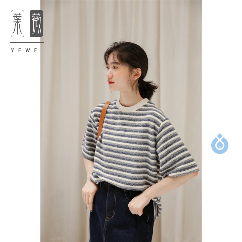 2020 Spring / Summer Hàn Quốc phiên bản đơn giản của Nhật Bản Phong cách Hồng Kông Lazy sọc Shimien Loose tay dệt kim áo thun T-Shirt Woman