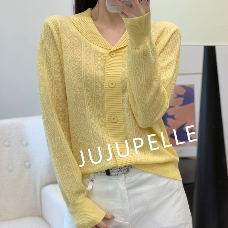 Embossed Crochet Navy Lapel V-Neck 2026 Early Spring Versatile Women's Loose Slimming Age-Reducing Sweater Knitted Cardigan