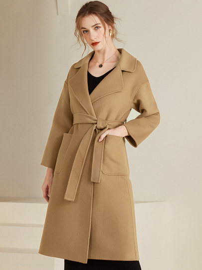 New Autumn and Winter Wool Double-Sided Coat for Women, Long Slim-Fit Belted Woolen Coat with Zero Cashmere