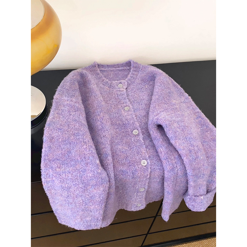 Soft and Loose Wool Knit Cardigan for Outerwear, Plus Size, Autumn and Winter, Psychedelic Purple, Forest Style, Thick Sweater Coat