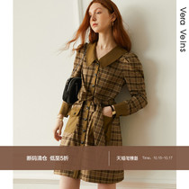 Retro bubble sleeve plaid dress autumn 2020 new little waist lace-up doll collar work dress