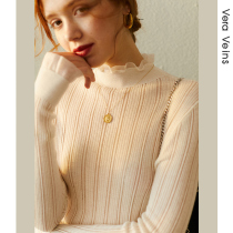 Wooden ear hollow hollow thin sweater autumn 2021 New Gentle wind mesh semi-high collar long sleeve top female