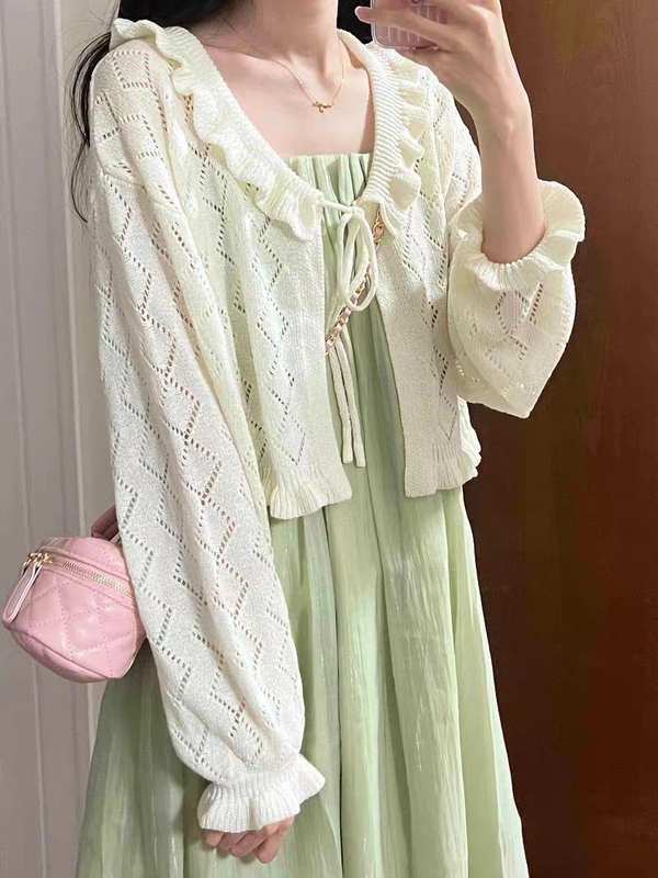 Plus-Size Lace-Up Knit Cardigan for Women, Spring and Summer Thin Design Top, Outerwear with Sun Protection, Small Cardigan