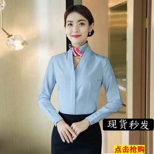 Stewardess-Uniform, weißes Hemd, weibliche Hotelbegleiterin, Arbeitskleidung, schlankes Temperament, V-Ausschnitt, Flugbegleiterin, Vorstellungsgespräch, Arbeitskleidung, Hemd