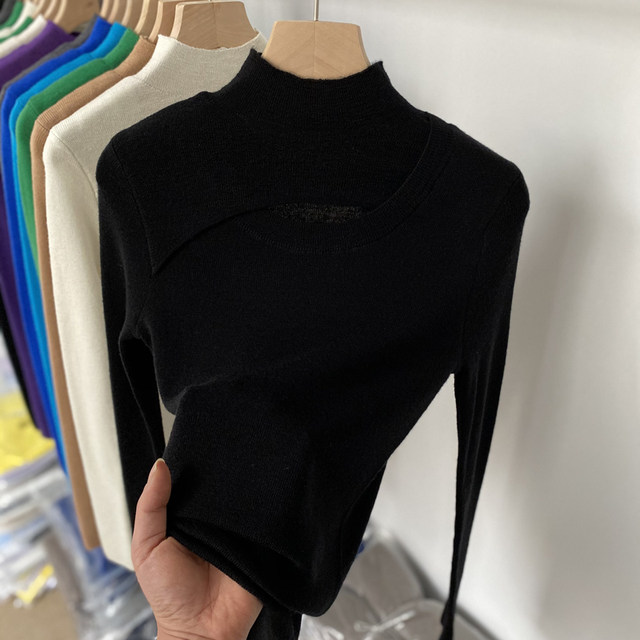 Hollow half turtleneck sweater women's 100% pure wool 2022 spring and autumn thin section with long-sleeved bottoming knitted sweater top