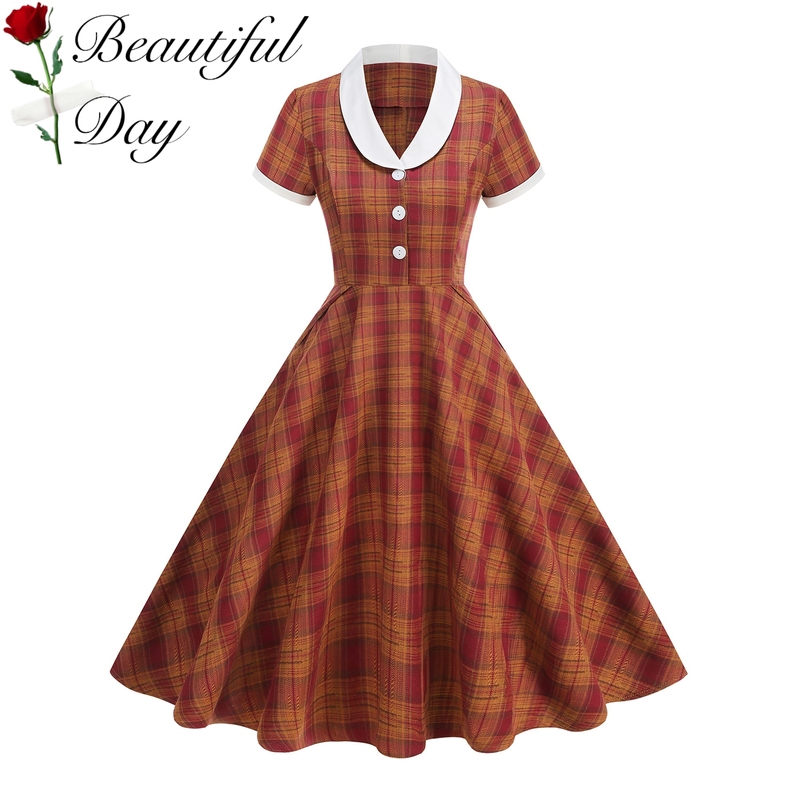 Hepburn Retro Style Plaid Slimming Hong Kong Style Vintage Short-Sleeved Women's Dance Performance Party Flared Dress
