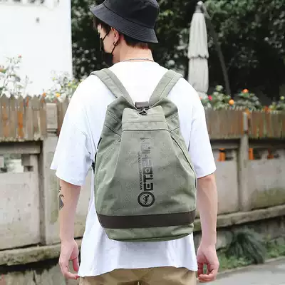 Korean travel backpack men's shoulder bag canvas simple bucket backpack Middle School schoolbag retro large capacity Tide brand