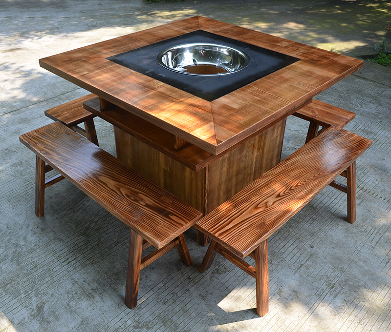 Custom solid wood imitation ancient hot pot table solid wood string hot pot table and chairs marble hot pot table table and chairs combination kit-Taobao