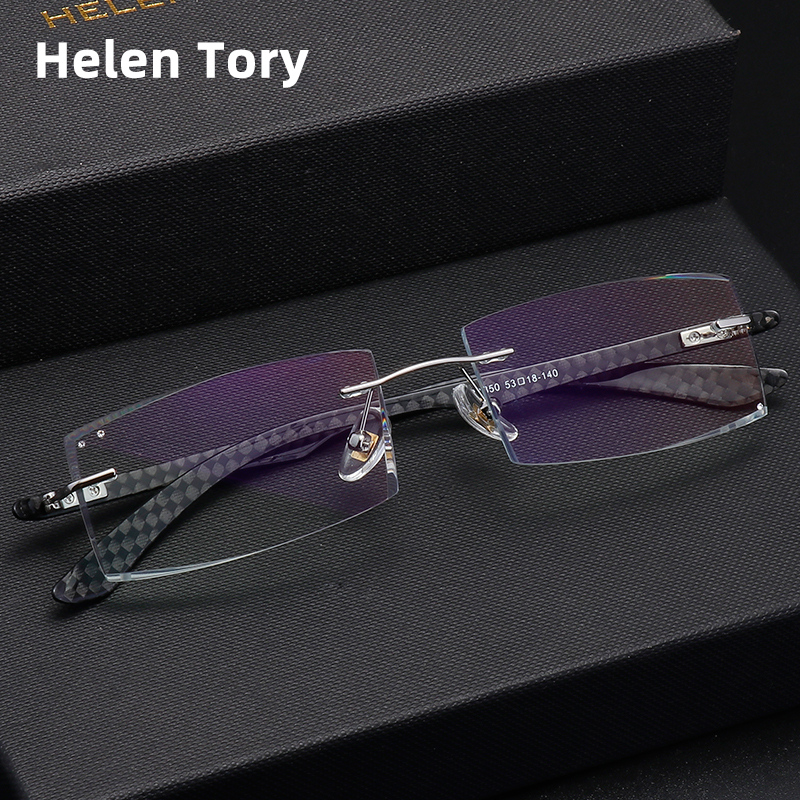 Frameless diamond cut-edge glasses business men's carbon fiber glasses frame light anti-blue myopia glasses matching degree finished