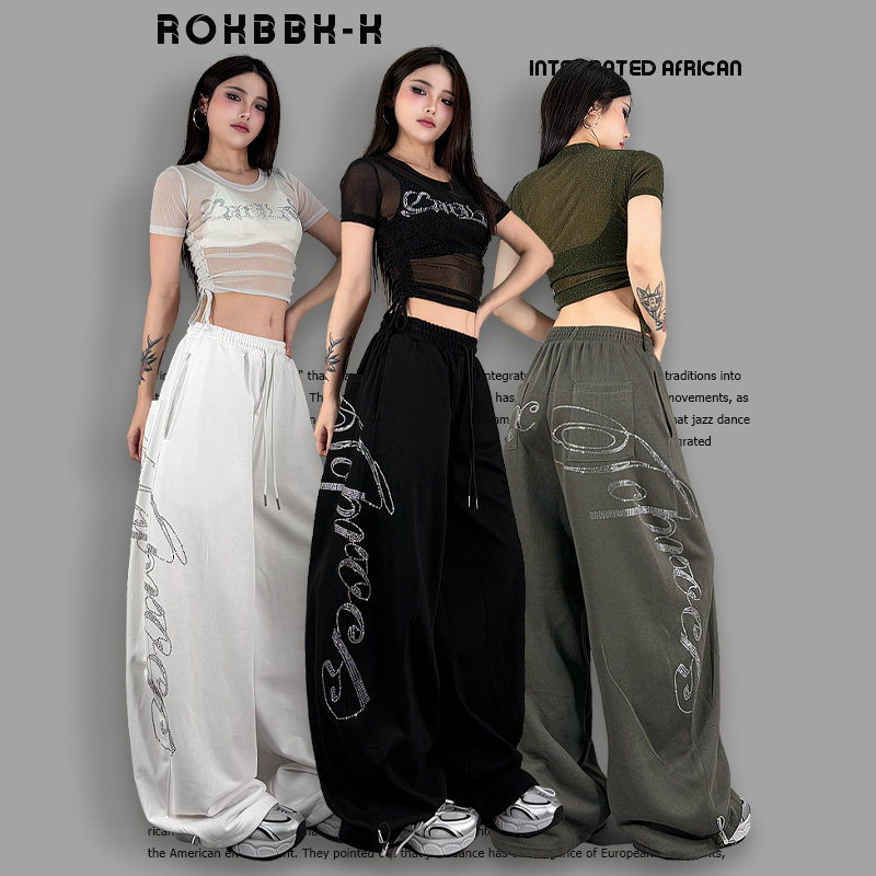 ROKBBK-K/韓国系アメリカ人ヒップホップスタイルラインストーンワイドレッグパンツ（女性用）、ストリートダンス、パーソナライズされたルーズカジュアルパンツ、トレンディ
