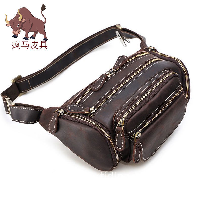 Crazy Horse Leather Men's Fashion Simple Retro Waist Bag Leather Chest Bag Multifunctional Riding Bag Leather One Shoulder Slant Bag