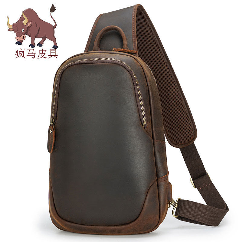 European And European Mad Muppie Men Retro New Trend Chest Bag Genuine Leather Casual Skew Satchel Shoulder Front Hanging Bag Bull Leather Riding Bag