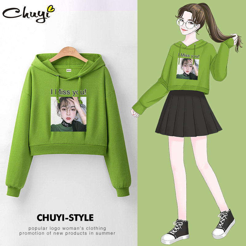 Short version sweater women's spring and autumn thin section 2021 new trendy ins loose Korean version high waist avocado green top