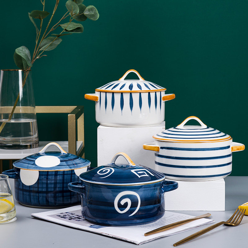 Japanese-style ceramic double-eared household soup pot with cover large soup bowl instant noodle bowl Nordic creative tableware microwave oven