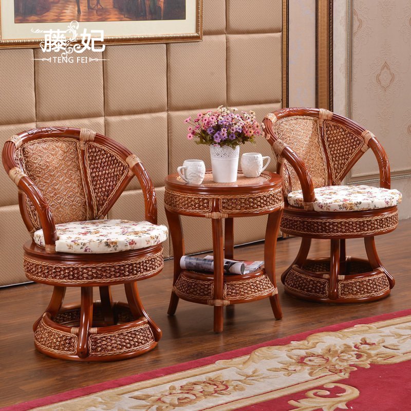 Rattan princess rattan chair Three-piece balcony leisure small table and chair combination Solid wood rattan old man backrest bamboo chair rotating recliner