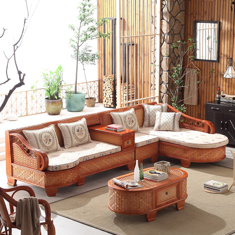 Toffee Princess Corner Vine Sofa Living-room Vine Chair Sofa Bed Rattan Sofa Rattan Sofa Combined Solid Wood Totem