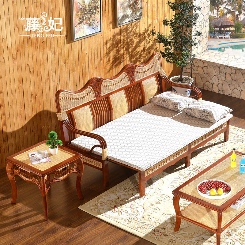 Toffee Multifunction Living Room Solid Wood Sofa Bed RATTAN BED TWO-PURPOSE COMBINATION CAN BE FOLDED AND RETRACTABLE DRAWING TRIO