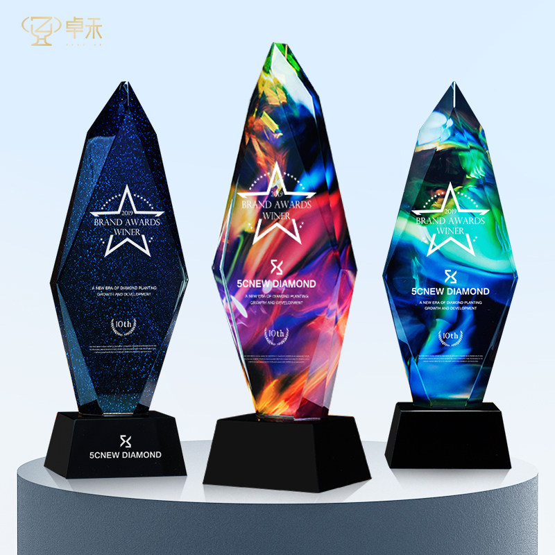 Crystal trophy custom creative colorful diamond lettering engraving competition annual anniversary celebration customized outstanding employee honor