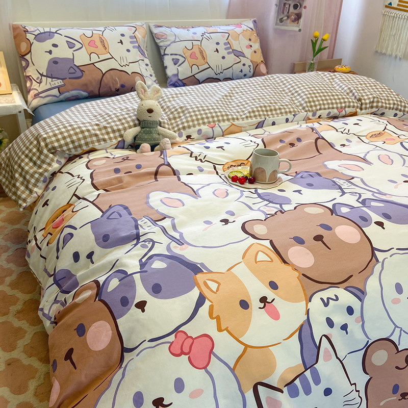 Cartoon cotton four-piece set 100 cotton simple ins wind bedding children's dormitory bed sheet duvet cover three-piece set