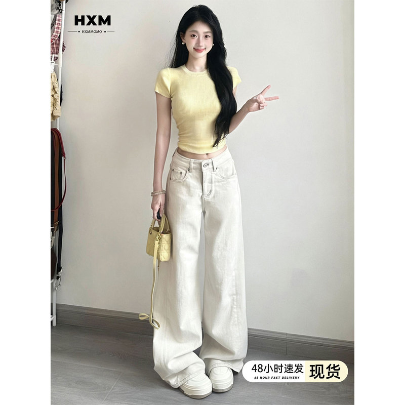 American-Style Light-Colored Wide-Leg Jeans for Women 2026 Spring and Summer New Low-Waist Slimming Loose Apricot-Colored Straight Casual Pants