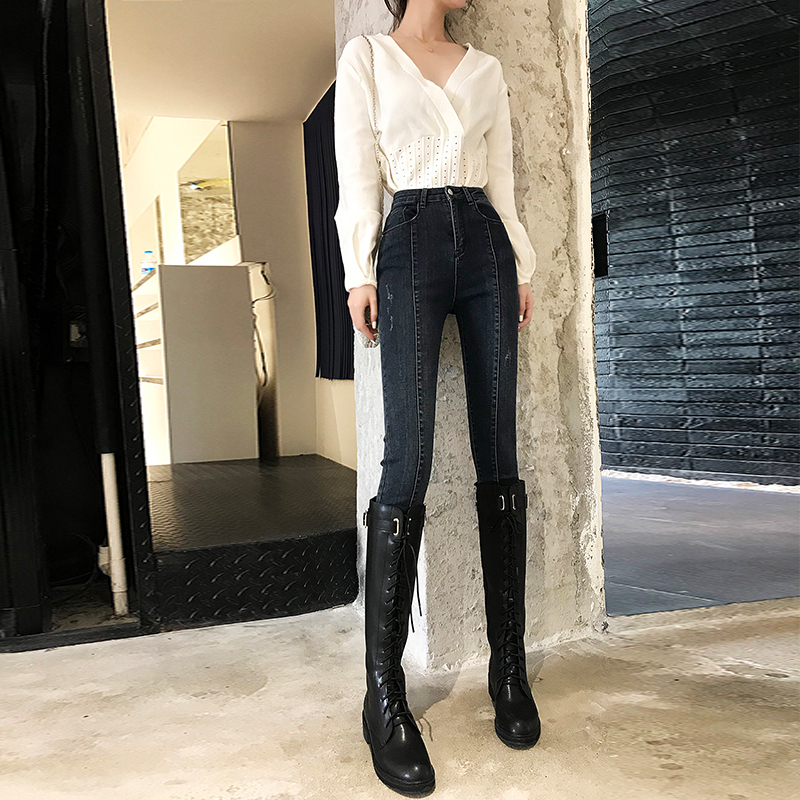 Denim cigarette tube pants women's 2021 new spring and autumn Hong Kong flavor high waist slim slim tight women's pants show high and wild