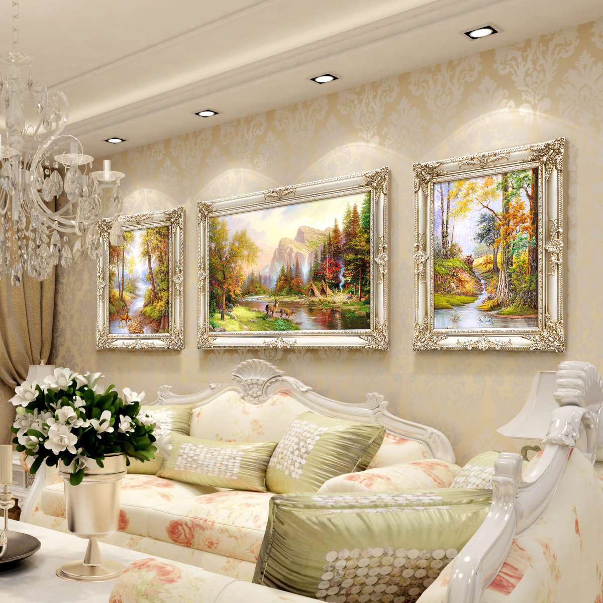 Living room hanging paintings sofa background wall decoration painting triple landscape scenery cornucopia European murals Dafen Oil Painting Village
