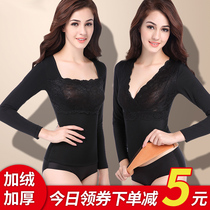 Lace womens thermal underwear plus velvet thickened tight-fitting body bottoming warm body shaping top can be worn outside long sleeves