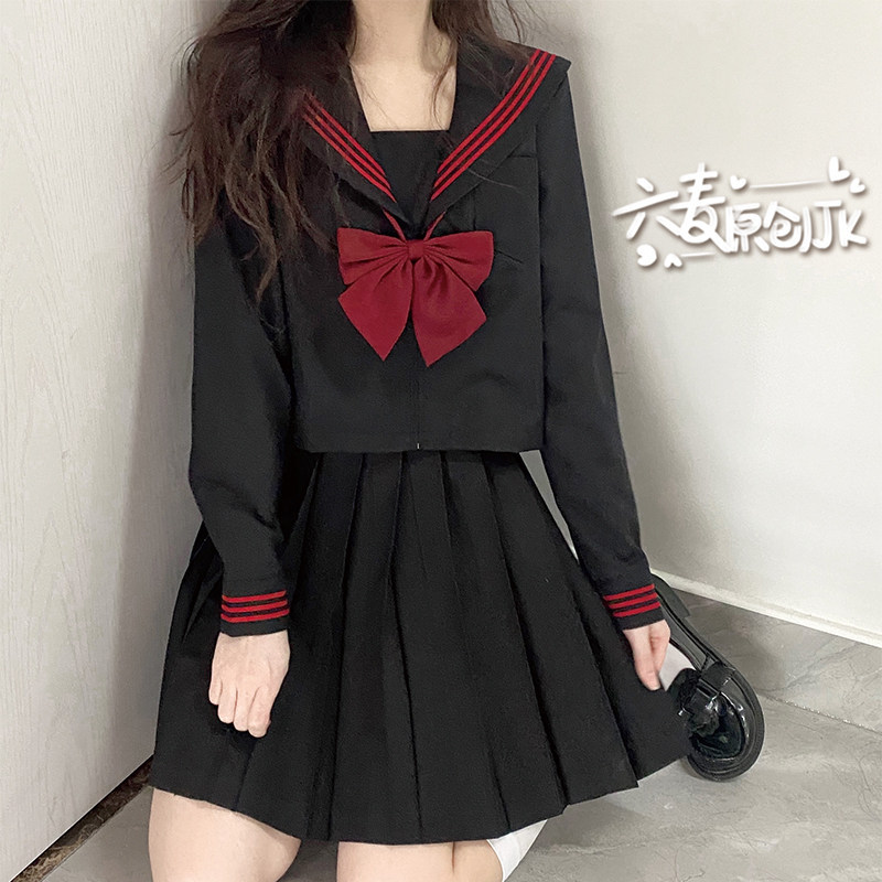 (Liumai JK) Orthodox jk uniform skirt basic black three Japanese sailor suit college wind suit TR fabric - Taobao