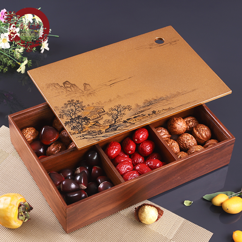 Zen Mood Style Hupeach Wood Dried Fruit Box Classical Light Lavish Candy Box Color Painted Retro-style Dining Room Golden Decoration