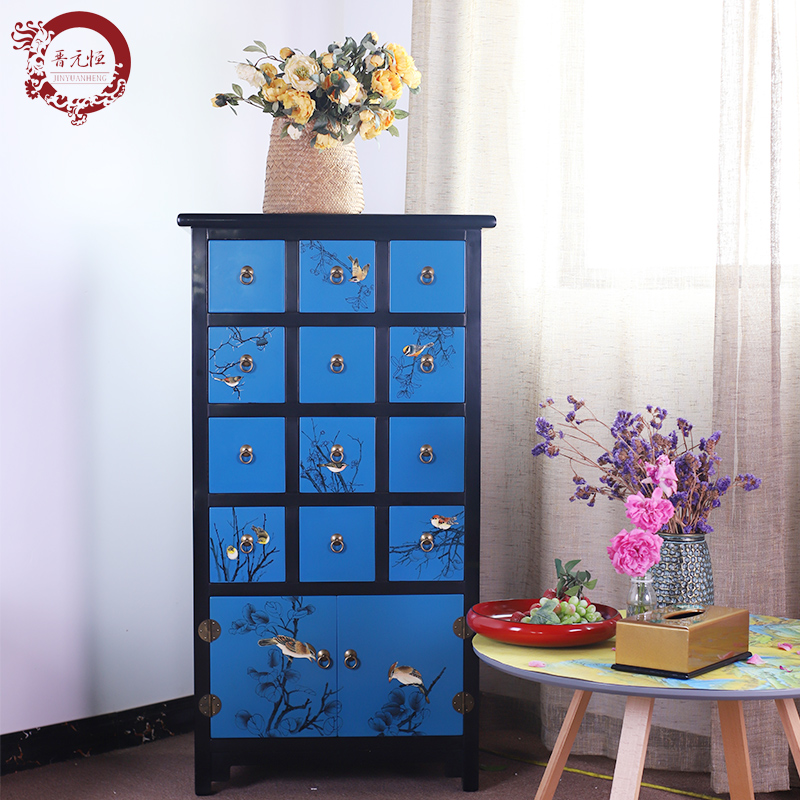 Jin Yuanheng Art Multi-bucket Integral Cabinet Family Medicine Cabinet New Chinese Xuanguan Antique Painted Flower and Bird Underwear Storage Lacquer Cabinet