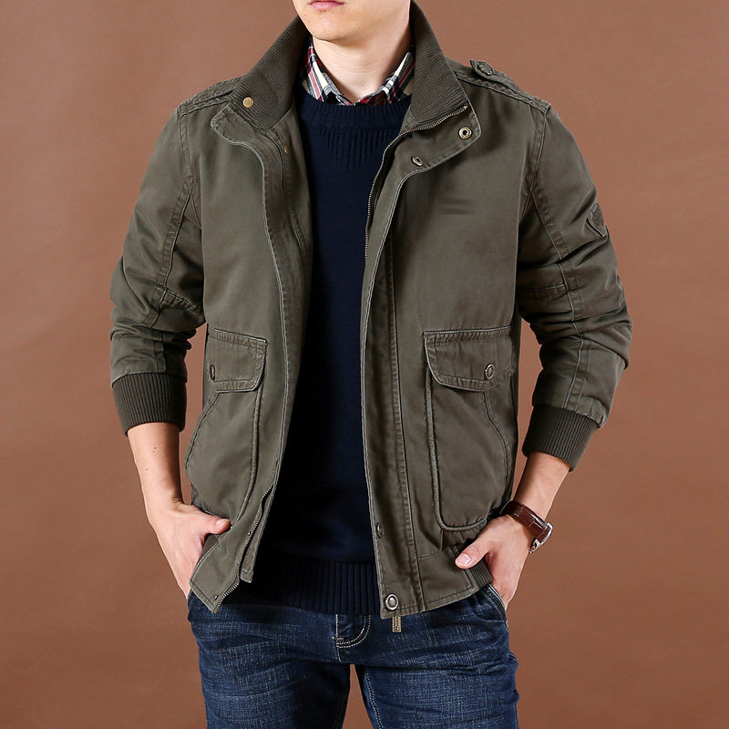 Autumn fashion loose stand-up collar jacket men's cotton casual multi-pocket frock coat large size military jacket tide