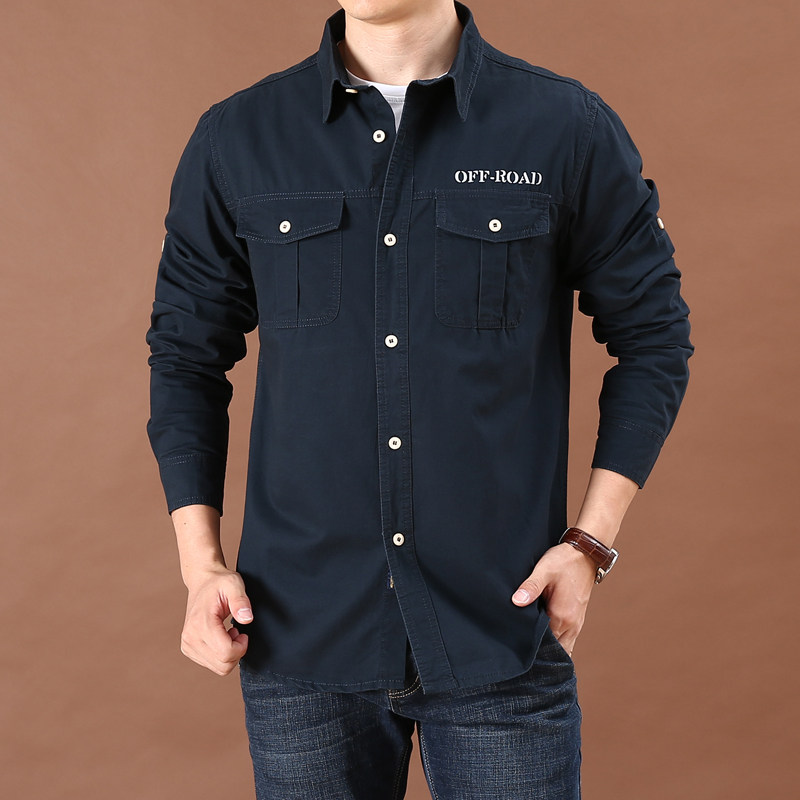 Men's Large Size Loose Long Sleeve Shirts Men's Autumn Washed Cotton Multi-Bag Tooling Business Casual Shirts Trendy