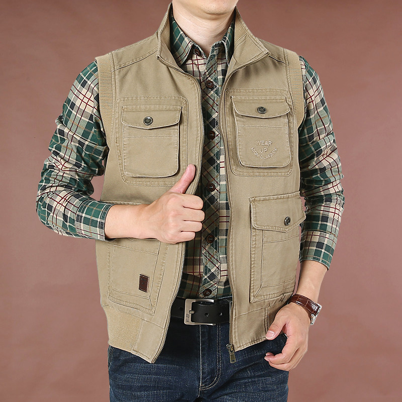 Tooling waistcoat men's spring standout loose jacket middle-aged multiple pockets pure cotton Photographic waistcoat wave